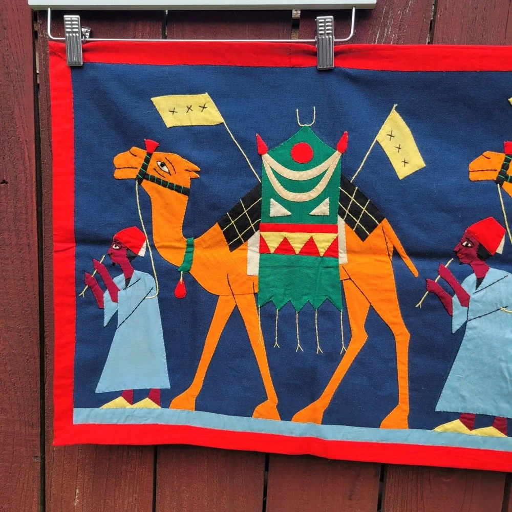 Vintage Egyptian Khayamiya Applique Wall Hanging Camel Caravan Textile Folk Art